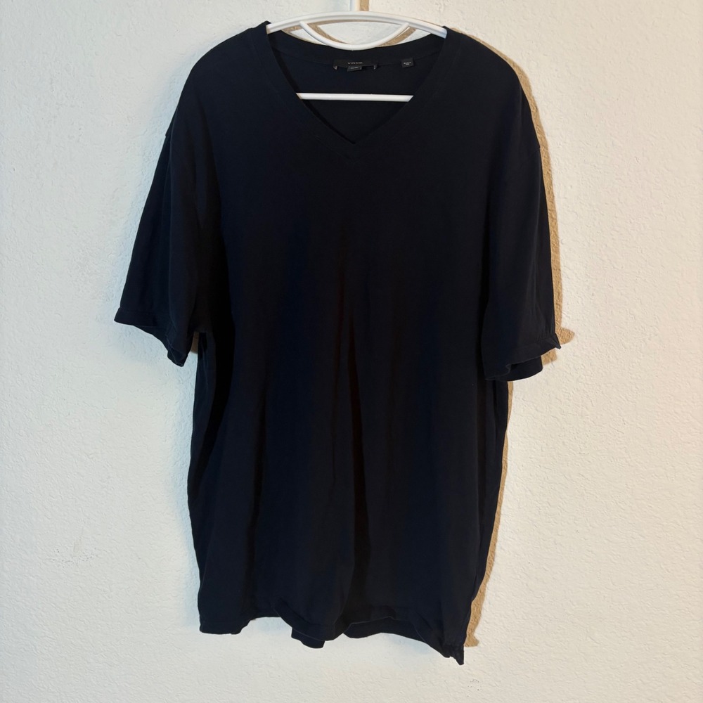 Vince Garment Dye Short Sleeve V-Neck T-Shirt Black Size XL Cotton